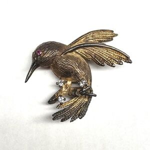 VTG Les Bernard Sterling Gold Tone Hummingbird Brooch Clear Pink Stones Signed